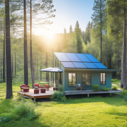 A serene off-grid cabin surrounded by lush greenery, solar panels on the roof, a modern battery storage system nearby, sunlight glinting off the panels, and a clear blue sky overhead, evoking sustainability and energy independence.