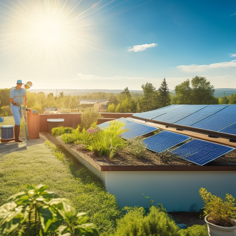 A sunlit rooftop with solar panels, a person cleaning them with a squeegee and bucket, surrounded by lush greenery, showcasing seasonal changes in dirt accumulation, like dust and leaves. Bright blue sky overhead.