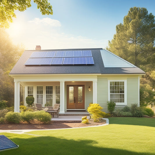 A sunlit suburban home features newly installed solar panels on the roof, surrounded by lush green trees and a clear blue sky, with a calculator, tax documents, and a small potted plant on a nearby table.