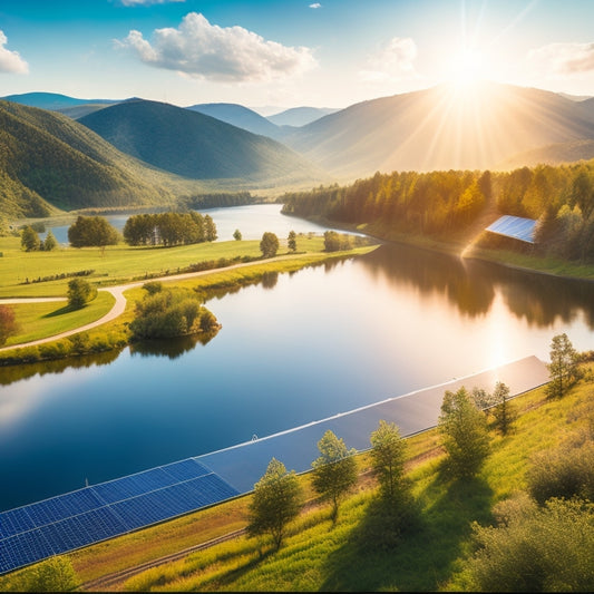 A vibrant landscape featuring solar panels glistening under the sun, wind turbines spinning on rolling hills, and a small hydroelectric dam flowing into a serene river, surrounded by lush greenery and wildlife.