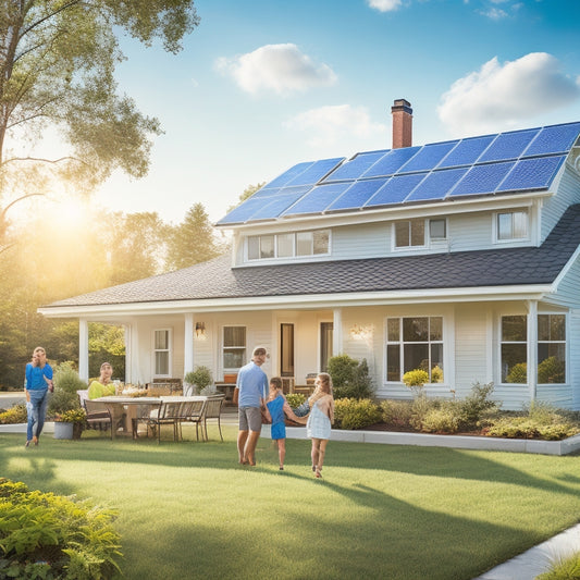 A sunlit suburban home with sleek solar panels on the roof, surrounded by vibrant greenery, a family enjoying outdoor activities, and a bright blue sky with fluffy white clouds, symbolizing energy savings and sustainability.
