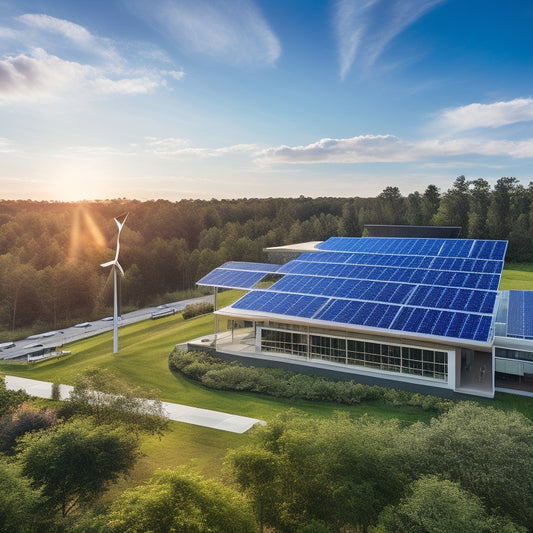 A vibrant solar panel array atop a modern office building, surrounded by lush greenery, wind turbines in the background, and employees engaging in outdoor workspaces, showcasing harmony between nature and sustainable energy solutions.