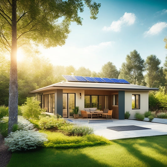 A modern eco-friendly home with solar panels on the roof, surrounded by lush greenery, a bright sun shining above, and a clear blue sky. Include a thriving garden and electric vehicle charging station.