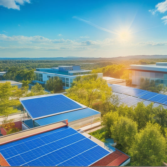 A vibrant rooftop adorned with solar panels, surrounded by lush greenery, showcasing a modern office building with large windows, and employees engaged in eco-friendly practices, all under a clear blue sky.