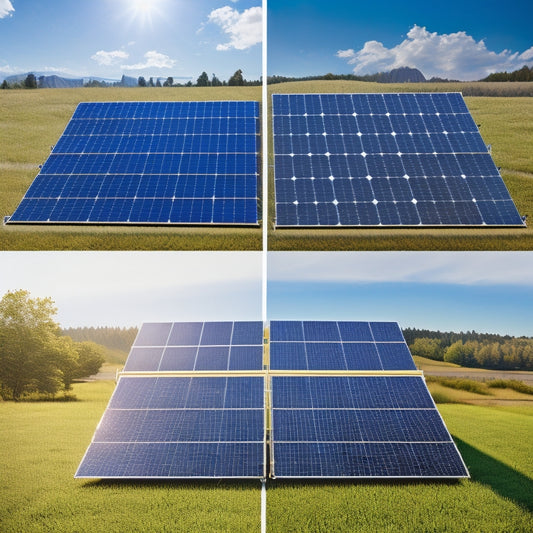 A split image showing various solar panels under sunlight, each labeled with distinct efficiency ratings, surrounded by graphs and charts illustrating performance comparisons, with a vibrant blue sky and greenery in the background.