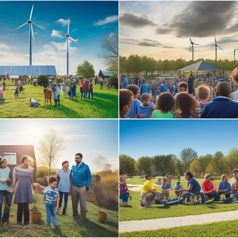 A vibrant community gathering in a sunlit park, showcasing solar panels on rooftops, wind turbines in the background, diverse families planting trees, and children playing, symbolizing unity and sustainability in renewable energy.