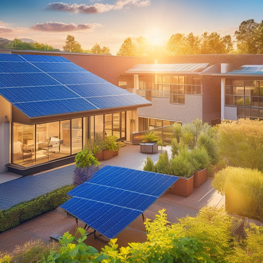 A vibrant rooftop scene featuring sleek solar panels on modern apartment buildings, surrounded by lush greenery, with sunlight reflecting off the panels, and residents enjoying the outdoor space, emphasizing sustainability and community.