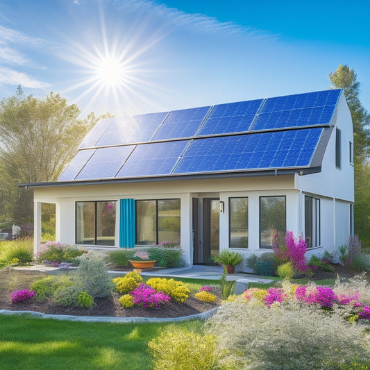 A modern, energy-efficient home with solar panels on the roof, surrounded by lush greenery and colorful flowers, sunlight glistening off the panels, showcasing a serene, sustainable lifestyle in a bright, blue sky.