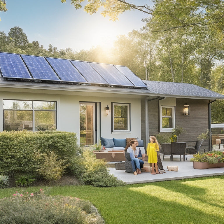 A bright, sunlit home with solar panels on the roof, surrounded by lush greenery. A family happily inspects their energy bill, while a vibrant garden and eco-friendly features showcase their commitment to sustainability.