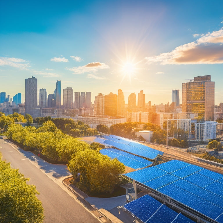A vibrant urban skyline featuring modern buildings with sleek solar panels on rooftops, surrounded by greenery, solar streetlights, and electric vehicles, all under a bright blue sky with fluffy white clouds.
