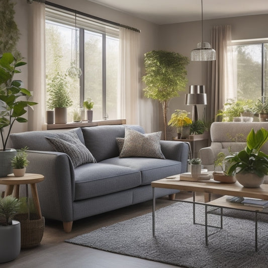 A cozy living room with energy-efficient LED bulbs, double-glazed windows, a programmable thermostat on the wall, and potted plants, showcasing natural light filtering through, emphasizing warmth and sustainability in home design.