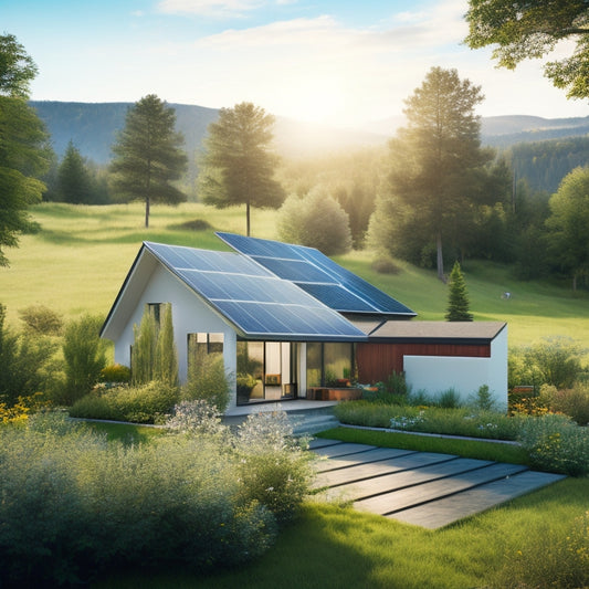 A serene landscape featuring a modern home with sleek solar panels on the roof, surrounded by vibrant greenery, wildflowers, and a clear blue sky, highlighting harmony between technology and nature.