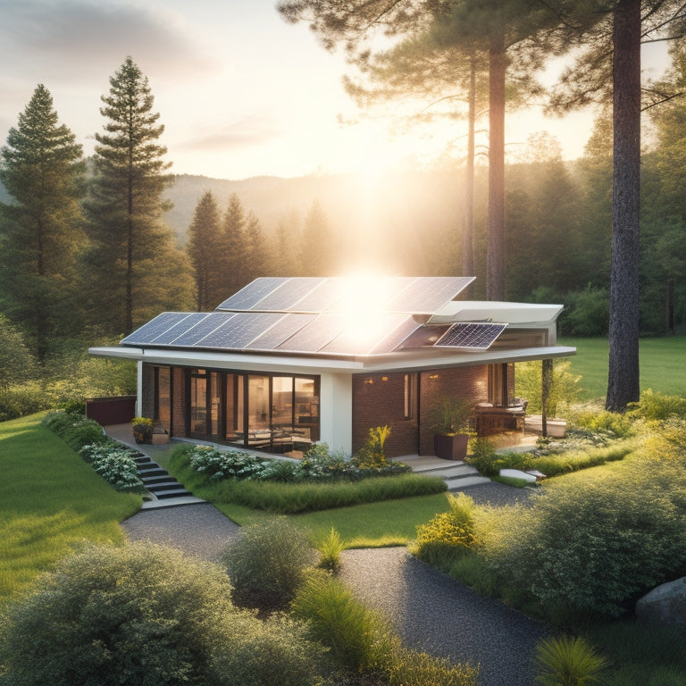 A serene landscape with a small, modern house in the center, surrounded by lush greenery, featuring a prominent solar panel array on its roof, with a subtle sunburst in the top-left corner.