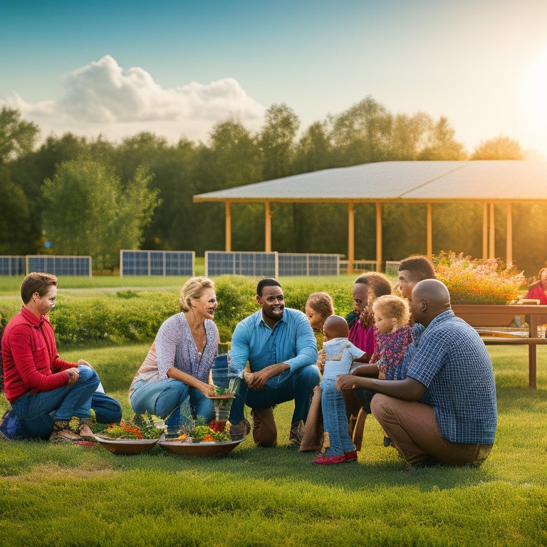 A vibrant community gathering around a solar farm, diverse individuals discussing plans, children playing nearby, solar panels glistening under the sun, with lush greenery and homes in the background, symbolizing shared benefits and sustainability.