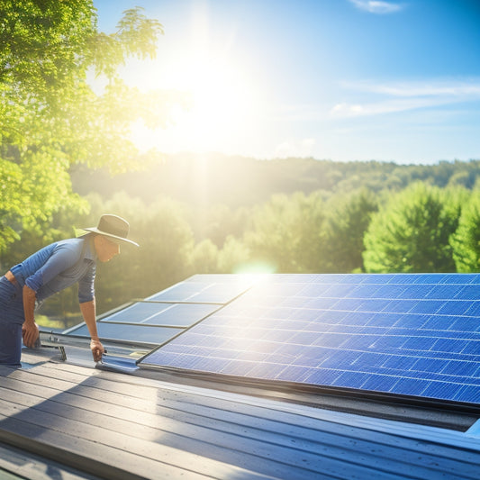 A bright, sunlit rooftop with clean solar panels reflecting sunlight, surrounded by lush greenery. A person gently cleaning the panels with a soft brush, showcasing the importance of maintenance for optimal energy efficiency.