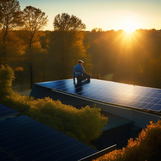 A serene rooftop scene showcasing solar panels surrounded by vibrant autumn leaves, a technician inspecting the panels, golden sunlight filtering through, and a clear blue sky, evoking a sense of seasonal care and maintenance.