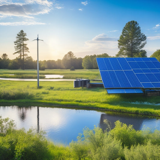 A serene landscape featuring a solar panel array beside a rustic off-grid water pumping station, with lush greenery and a clear blue sky, highlighting the harmony between technology and nature.