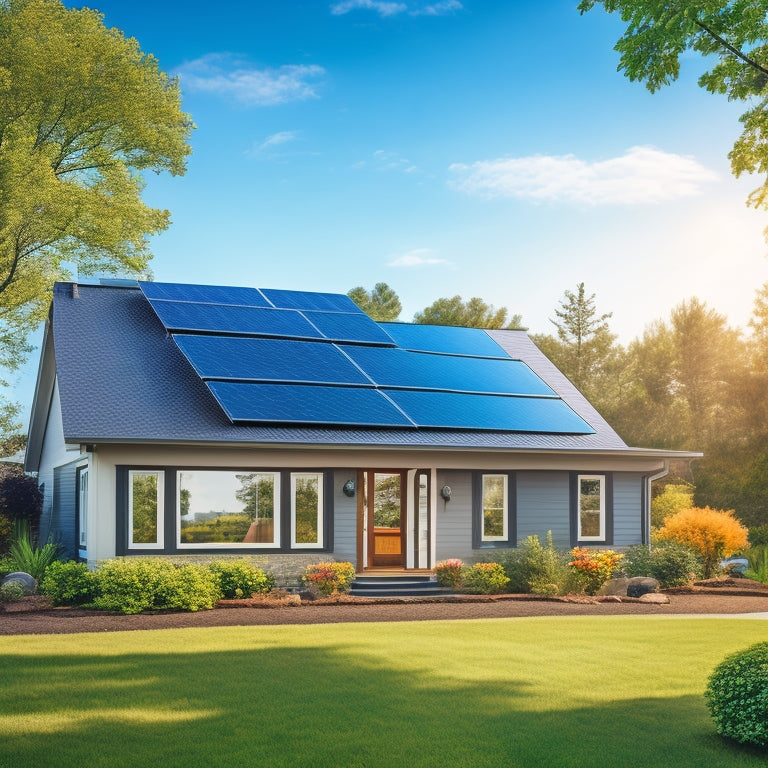 A serene suburban home with a sleek, black solar panel array on the roof, surrounded by lush greenery, with a bright blue sky and a few wispy clouds in the background.