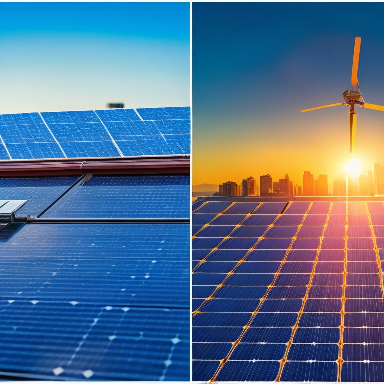 A split-screen image: a rooftop with solar panels in warm sunlight on one side, and a close-up of a solar panel's intricate circuitry on the other, with a subtle grid of dollar signs in the background.