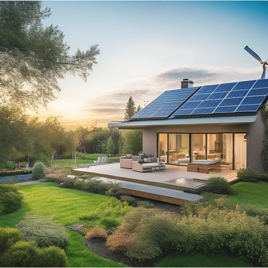A vibrant scene of a modern home with solar panels on the roof, a wind turbine in the yard, and lush greenery surrounding a glowing energy-efficient garden, showcasing sustainability and innovation in harmony.
