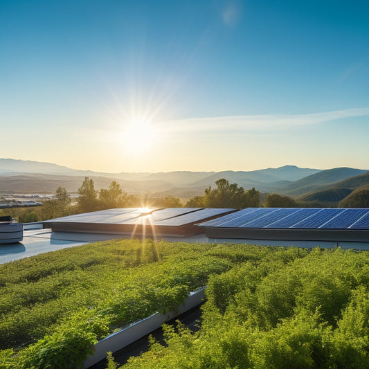 A sunlit rooftop adorned with sleek, modern solar panels, surrounded by vibrant greenery. In the background, a clear blue sky, and distant hills create a serene atmosphere of energy independence and sustainability.