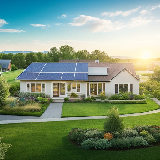 A serene suburban landscape showcasing solar panels on rooftops, wind turbines in the background, and a lush garden with energy-efficient appliances. Bright sunlight illuminates the scene, symbolizing eco-friendly living and reduced utility bills.