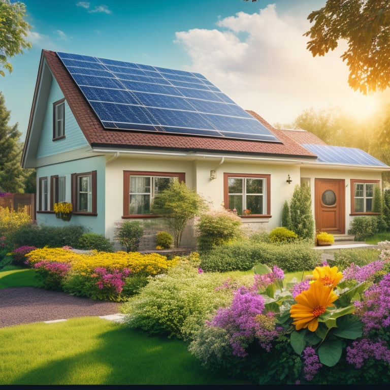 A serene suburban home with solar panels on the roof, surrounded by blooming flowers and lush greenery, with a subtle meter displaying decreasing energy costs in the foreground.