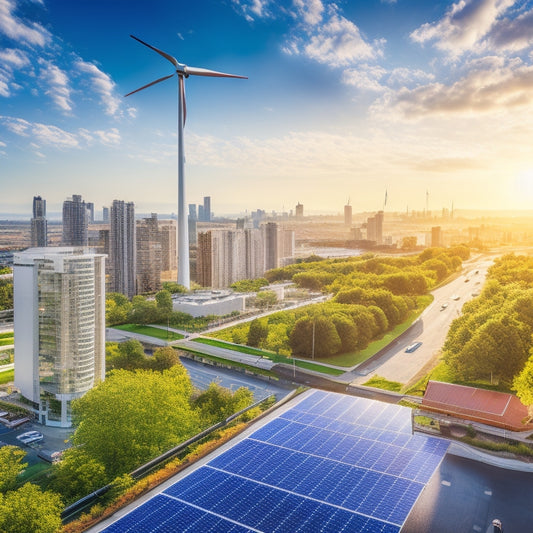A vibrant urban skyline with green rooftops, solar panels glistening in sunlight, wind turbines integrated into modern buildings, electric vehicles charging at stations, and lush vertical gardens cascading down walls, all under a clear blue sky.