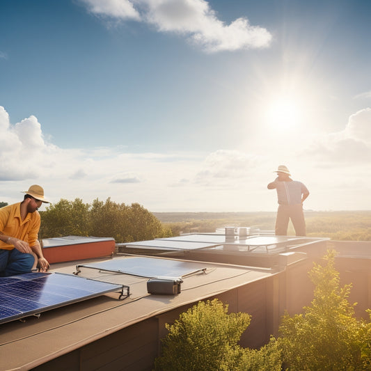 A sunlit rooftop with solar panels, a technician inspecting equipment with tools in hand, surrounded by lush greenery, blue sky, and fluffy clouds, emphasizing a clean, sustainable home environment.