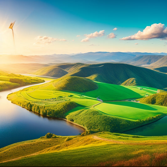A vibrant landscape featuring wind turbines on rolling green hills, solar panels glistening in the sun, a flowing river with hydroelectric dams, and a backdrop of a clear blue sky with fluffy clouds.
