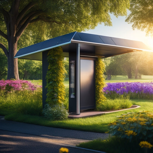 A sleek solar-powered charging station nestled in a lush green garden, with sunlight reflecting off solar panels, an electric car parked nearby, and vibrant flowers blooming around, showcasing a harmonious blend of technology and nature.