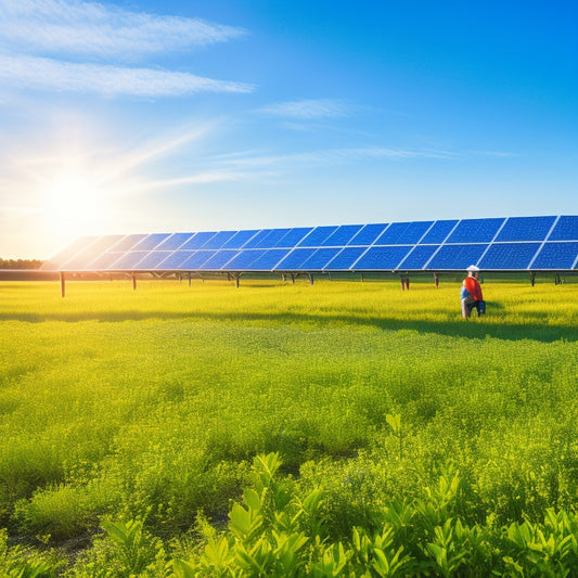 A sun-drenched solar panel field surrounded by vibrant green grass, with a technician carefully inspecting panels, wildlife thriving nearby, and a clear blue sky, symbolizing harmony between technology and nature for sustainability.