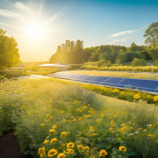 A vibrant landscape featuring solar panels glistening under a bright sun, surrounded by lush greenery, blooming flowers, and a clear blue sky. In the foreground, a diverse group of people joyfully tending to a community garden.