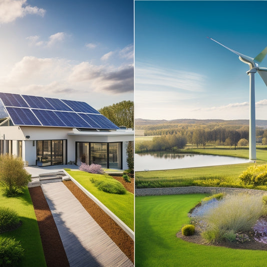 A split landscape showcasing a solar panel rooftop on one side and a wind turbine on the other, with lush greenery, a blue sky, and a modern home in the center, symbolizing sustainable energy harmony.
