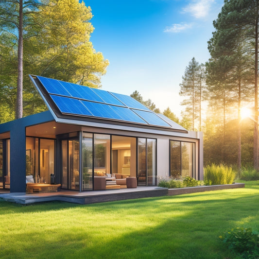 A modern solar-powered home with sleek solar panels on the roof, surrounded by vibrant greenery, large windows reflecting sunlight, and energy-efficient appliances visible through open doors, emphasizing sustainability and harmony with nature.