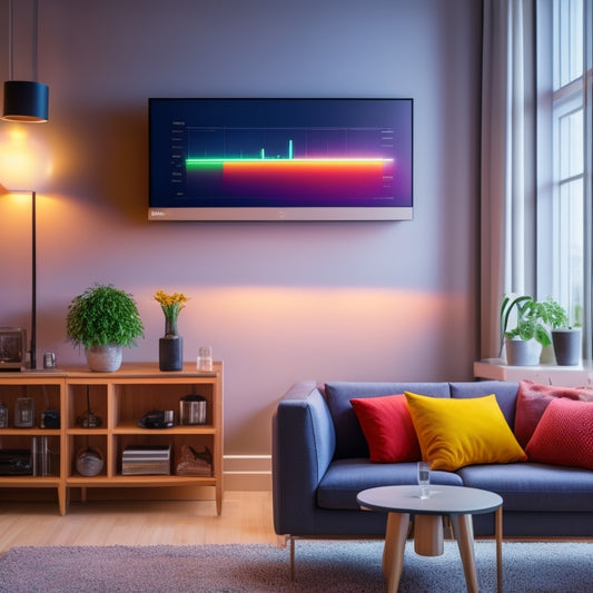 A modern living room with a sleek energy monitoring display on the wall, colorful graphs, and charts showing energy consumption, surrounded by smart appliances and energy-efficient LED lighting illuminating a cozy environment.