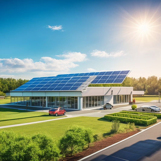 A modern commercial building with sleek solar panels on the roof, surrounded by lush greenery, wind turbines in the background, and electric vehicles charging in a sunny, vibrant landscape emphasizing sustainability and innovation.