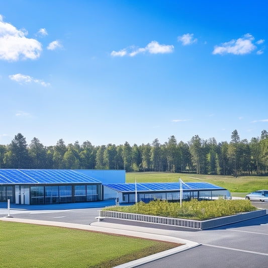 A modern commercial building with solar panels on the roof, wind turbines in the background, lush greenery surrounding, electric vehicle charging stations, and a clear blue sky, symbolizing sustainable energy solutions.
