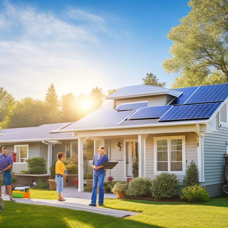 A sunlit suburban neighborhood with diverse homes featuring solar panels. A friendly installer reviewing a solar panel layout with a homeowner, surrounded by greenery, tools, and a bright blue sky.