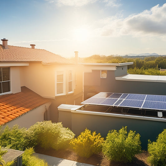 A sun-drenched rooftop adorned with sleek solar panels, surrounded by vibrant greenery. Below, a homeowner joyfully inspects a dramatically reduced electricity bill, with a bright blue sky and fluffy clouds above.