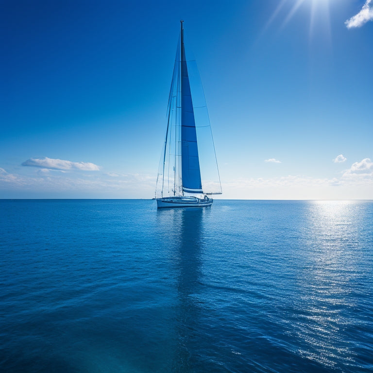 A serene ocean scene with a sleek sailboat in the foreground, its deck adorned with sleek, black solar panels, glistening with dew, amidst a backdrop of turquoise waters and a radiant blue sky.