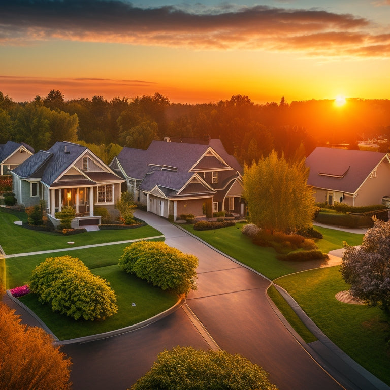 A serene suburban neighborhood at dawn with variously sized solar panels installed on rooftops, surrounded by lush green trees and a faint sun rising behind the horizon.