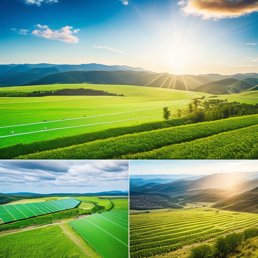 A vibrant landscape showcasing solar panels glistening under the sun, wind turbines gracefully spinning on rolling hills, and a diverse group of people discussing renewable energy projects, all surrounded by lush greenery and blue skies.