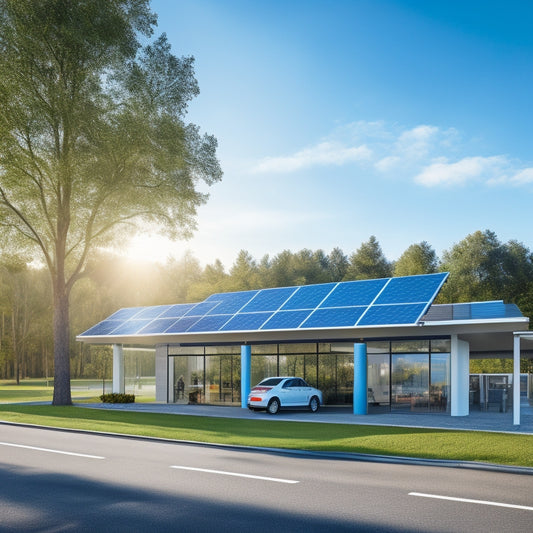 A modern commercial building with solar panels on the roof, surrounded by green trees, showcasing a bright blue sky, energy-efficient technology, and a charging station for electric vehicles in the foreground.
