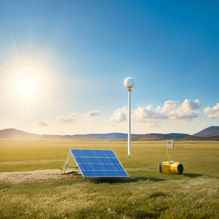 A serene landscape with a solar panel array in the foreground, surrounded by measuring tapes, compasses, and a miniature globe, under a bright blue sky with fluffy white clouds and a subtle sun icon.
