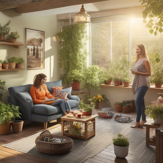 A cozy, sunlit living room featuring indoor plants, energy-efficient appliances, a compost bin, and a family engaging in recycling, with a window showing a solar panel roof and a vibrant garden outside.