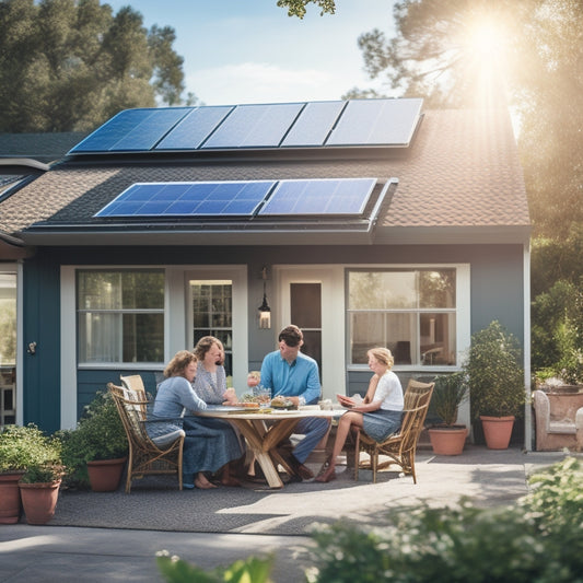 An inviting home with solar panels on the roof, surrounded by lush greenery, a clear blue sky, and a family reviewing financial documents at a sunlit table, emphasizing the transition to clean energy.
