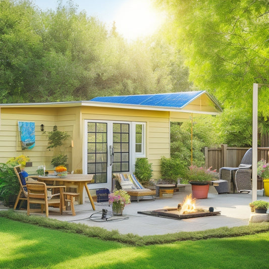 A sunlit backyard with a small DIY solar panel setup, featuring a step-by-step process illustrated by colorful tools, solar panels, batteries, and a cheerful beginner enthusiast assembling the system amidst lush greenery.
