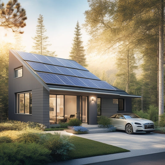A modern home with solar panels on the roof, surrounded by lush greenery. A sleek battery storage unit in the garage, sunlight streaming through windows, highlighting energy-efficient appliances and eco-friendly design elements.