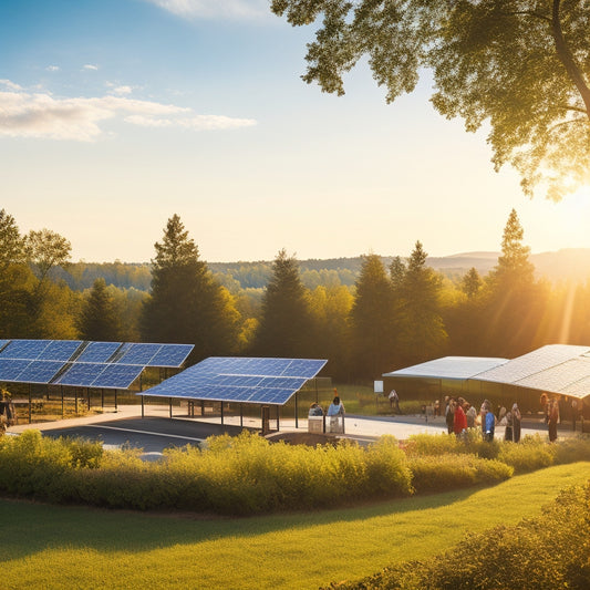 A serene landscape with a bright sun illuminating solar panels on rooftops, a diverse group of people discussing options, surrounded by green trees and a clear blue sky, symbolizing sustainability and community engagement.